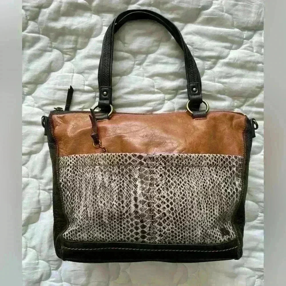 The Sak Two Way Tote Handbag Large  Leather Brown Snake Pattern.